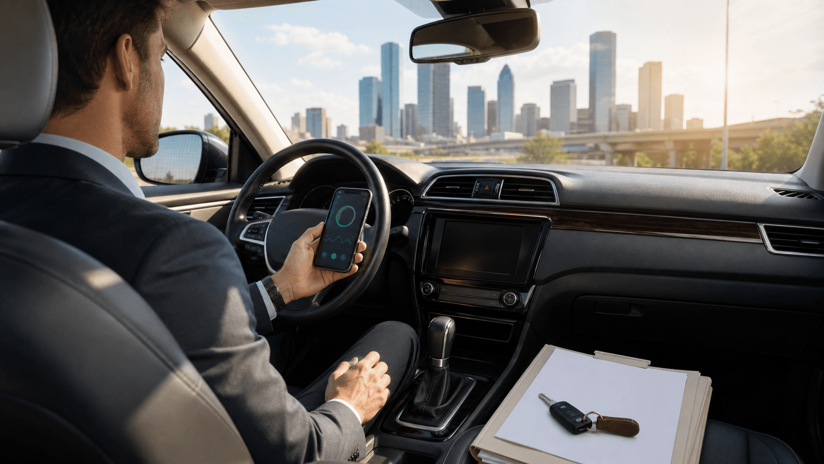 Houston skyline at sunset behind a car dashboard displaying a blue telematics map and insurance checklist